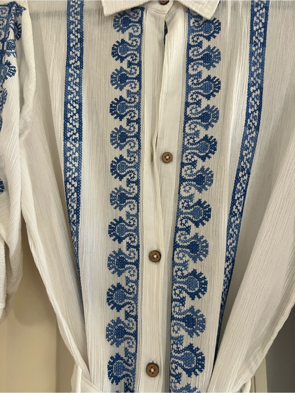 Joie White Shirt Dress with Blue Embroidered Stripes - Picture 3 of 6